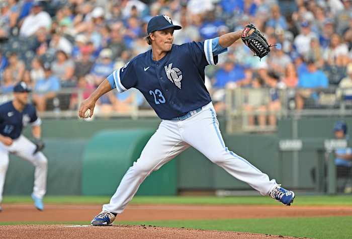 Jun 24, 2022; Kansas City, Missouri, USA; Kansas City Royals starting pitcher Zack Greinke (23) delivers a pitch during the first inning against the Oakland Athletics at Kauffman Stadium. Mandatory Credit: Peter Aiken-USA TODAY Sports
